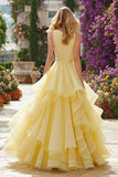 Sparkly Princess Beaded Light Yellow Prom Dress with Ruffles