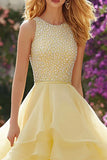 Sparkly Princess Beaded Light Yellow Prom Dress with Ruffles