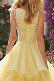 Sparkly Princess Beaded Light Yellow Prom Dress with Ruffles