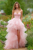 Light Pink High Low Tiered Ruffled Strapless Prom Dress