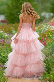 Light Pink High Low Tiered Ruffled Strapless Prom Dress