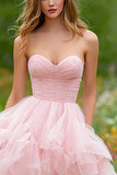 Light Pink High Low Tiered Ruffled Strapless Prom Dress