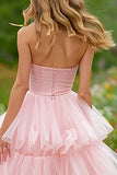 Light Pink High Low Tiered Ruffled Strapless Prom Dress