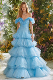 Sky Blue Off the Shoulder Tiered Ruffled Prom Dress