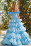 Sky Blue Off the Shoulder Tiered Ruffled Prom Dress