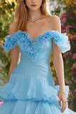 Sky Blue Off the Shoulder Tiered Ruffled Prom Dress