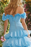 Sky Blue Off the Shoulder Tiered Ruffled Prom Dress