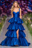 Tiered Dark Blue Spaghetti Straps Prom Dress