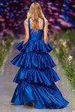 Tiered Dark Blue Spaghetti Straps Prom Dress