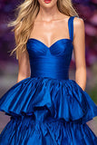 Tiered Dark Blue Spaghetti Straps Prom Dress