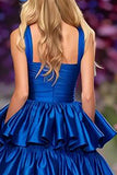 Tiered Dark Blue Spaghetti Straps Prom Dress