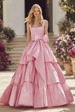 Princess Pink Tiered Ruched Prom Dress with Bow