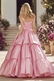 Princess Pink Tiered Ruched Prom Dress with Bow