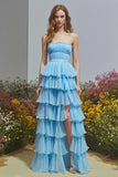 Strapless Tiered Sky Blue Prom Dress with Slit
