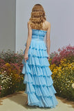 Strapless Tiered Sky Blue Prom Dress with Slit