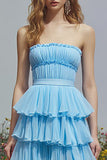 Strapless Tiered Sky Blue Prom Dress with Slit