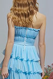 Strapless Tiered Sky Blue Prom Dress with Slit