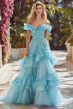 Sky Blue Off the Shoulder A Line Prom Dress with Ruffles