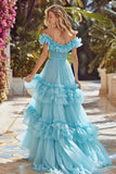 Sky Blue Off the Shoulder A Line Prom Dress with Ruffles