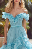 Sky Blue Off the Shoulder A Line Prom Dress with Ruffles