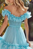 Sky Blue Off the Shoulder A Line Prom Dress with Ruffles