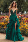 Sparkly Dark Green Beaded Prom Dress with Ruffles
