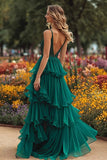 Sparkly Dark Green Beaded Prom Dress with Ruffles