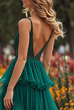 Sparkly Dark Green Beaded Prom Dress with Ruffles