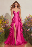 Sparkly Fuchsia Satin Beaded Prom Dress with Ruffles