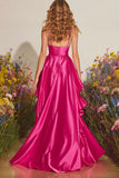 Sparkly Fuchsia Satin Beaded Prom Dress with Ruffles