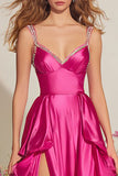 Sparkly Fuchsia Satin Beaded Prom Dress with Ruffles