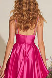 Sparkly Fuchsia Satin Beaded Prom Dress with Ruffles