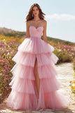 Pink Tiered Tulle Strapless Prom Dress