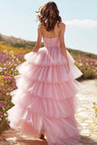 Pink Tiered Tulle Strapless Prom Dress