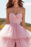 Pink Tiered Tulle Strapless Prom Dress