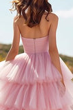 Pink Tiered Tulle Strapless Prom Dress