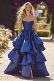 Strapless Dark Blue Tiered Princess Prom Dress