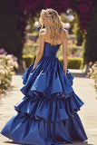 Strapless Dark Blue Tiered Princess Prom Dress
