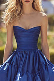 Strapless Dark Blue Tiered Princess Prom Dress