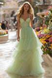 Light Green Tiered Tulle Corset Prom Dress
