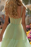 Light Green Tiered Tulle Corset Prom Dress