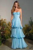 Tiered Strapless Sky Blue Pleated Prom Dress