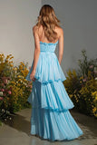 Tiered Strapless Sky Blue Pleated Prom Dress