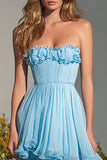 Tiered Strapless Sky Blue Pleated Prom Dress