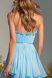 Tiered Strapless Sky Blue Pleated Prom Dress