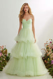 Light Green Tiered Tulle Ruffled Long Prom Dress