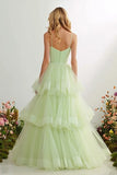 Light Green Tiered Tulle Ruffled Long Prom Dress