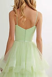 Light Green Tiered Tulle Ruffled Long Prom Dress