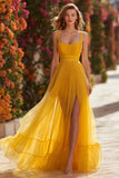 Yellow A Line Ruffled Tulle Prom Dress