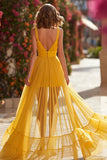 Yellow A Line Ruffled Tulle Prom Dress